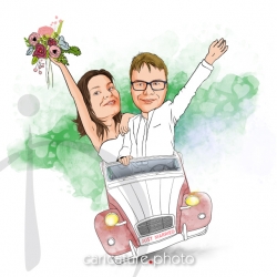 Just Married Wedding Caricature | Citroen 2 CV Wedding Car | Caricature Photo | Online Wedding Car Caricatures | Just Married Online Caricatures